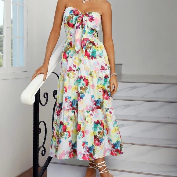 . Dresses & Skirts - White Boho Womens Floral Print Knot Front Shirred Ruffle Hem Tube Dress